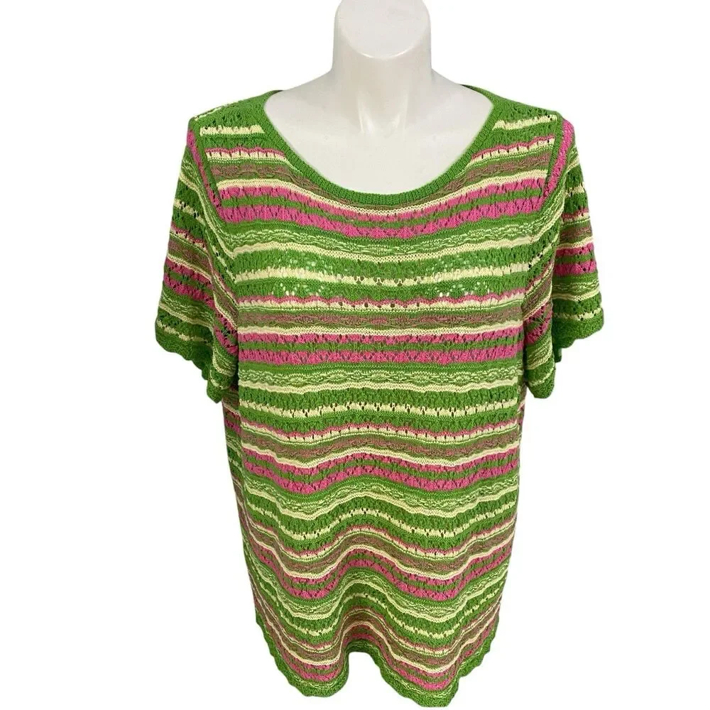 Bell Boho Sweater Womens 2X Green Pink Stripe Open Knit Crochet Short Sleeve